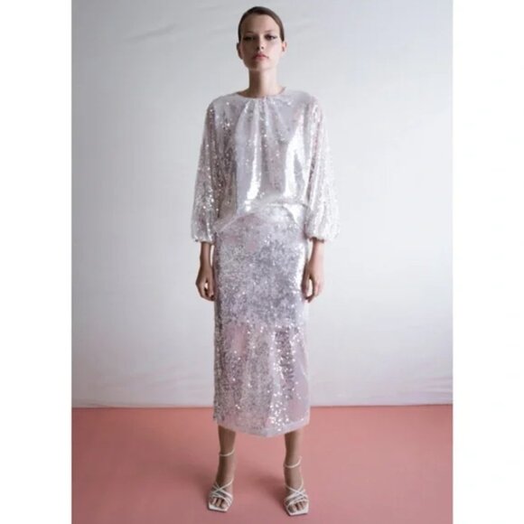 NWT - Zara White Sequin Pencil Skirt - Size Medium